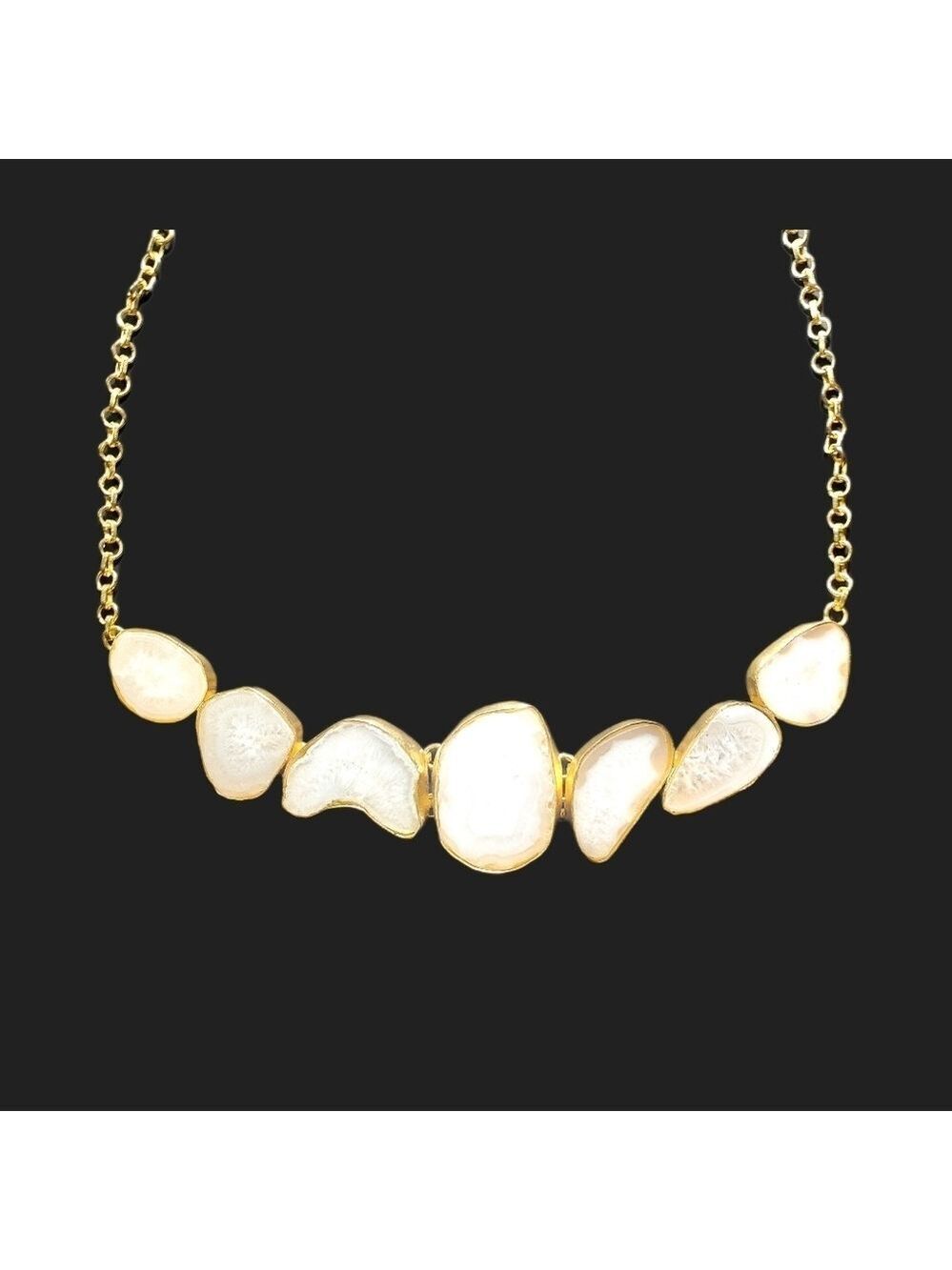 Semi Precious White Agate Set in Gold Wrap Necklace New on Card One-of-a-Kind